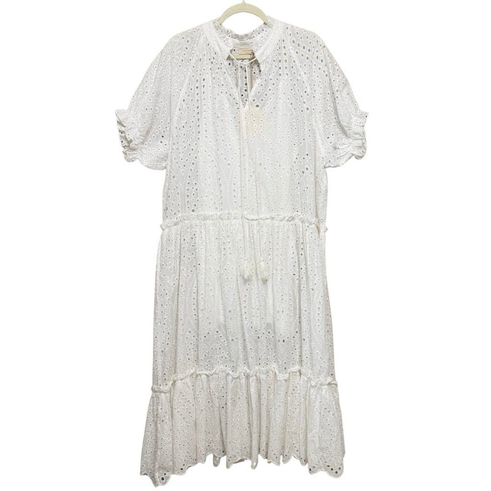 Saints & Hearts Tiered Eyelet Dress Size L White Lined Short Sleeve Peasant NWT